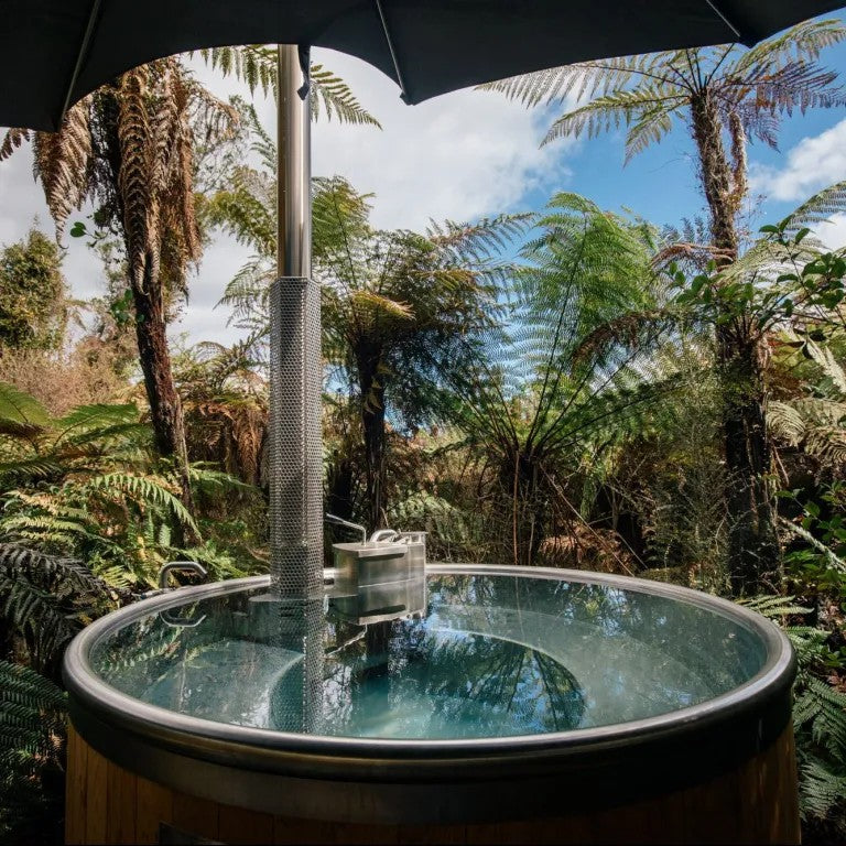 Wood-fired burner and electric heating system, outdoor spa