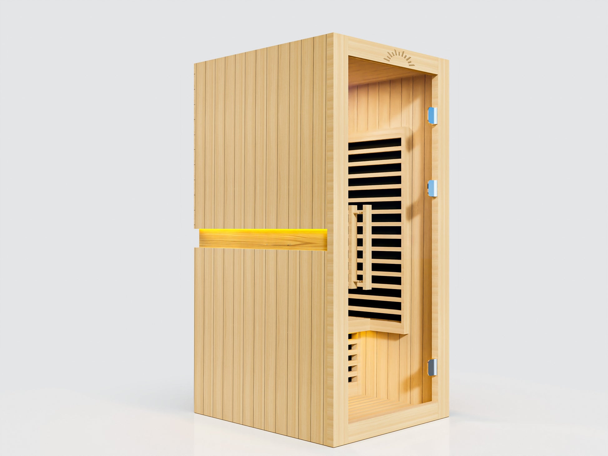 Vantage FAR Infrared Sauna – 1 Person: “Compact one-person infrared sauna crafted from Canadian Hemlock with soft ambient lighting and glass door