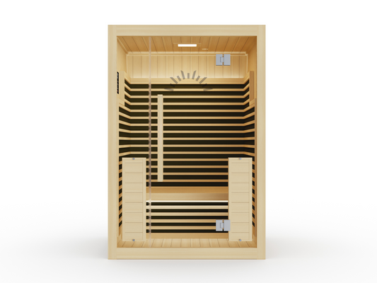 Two-person full spectrum infrared sauna with glass front and timber finish.