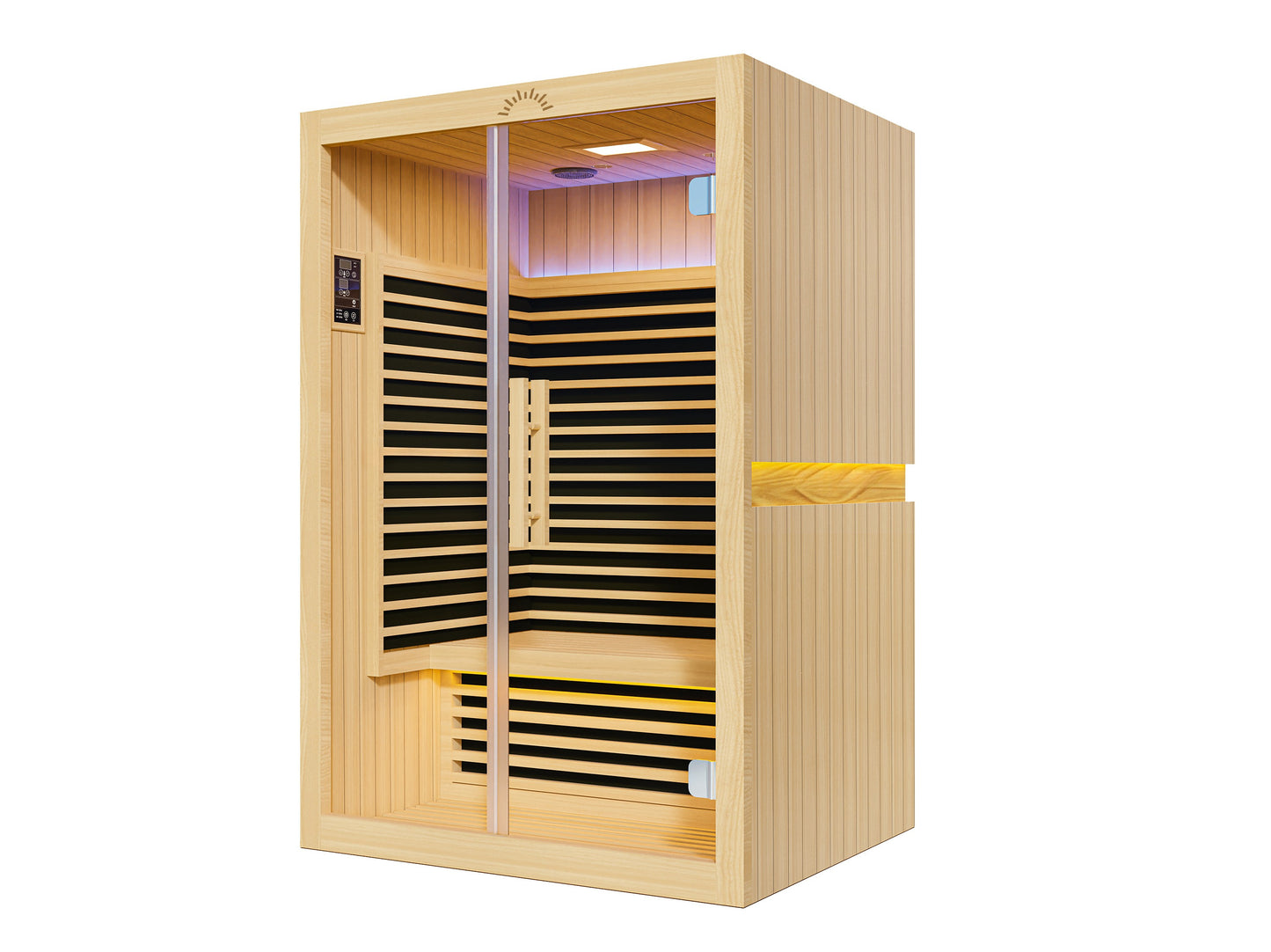 Vantage FAR Infrared Sauna – 2 Person: “Two-person infrared sauna in natural timber with full-spectrum heating panels and modern Scandinavian design.