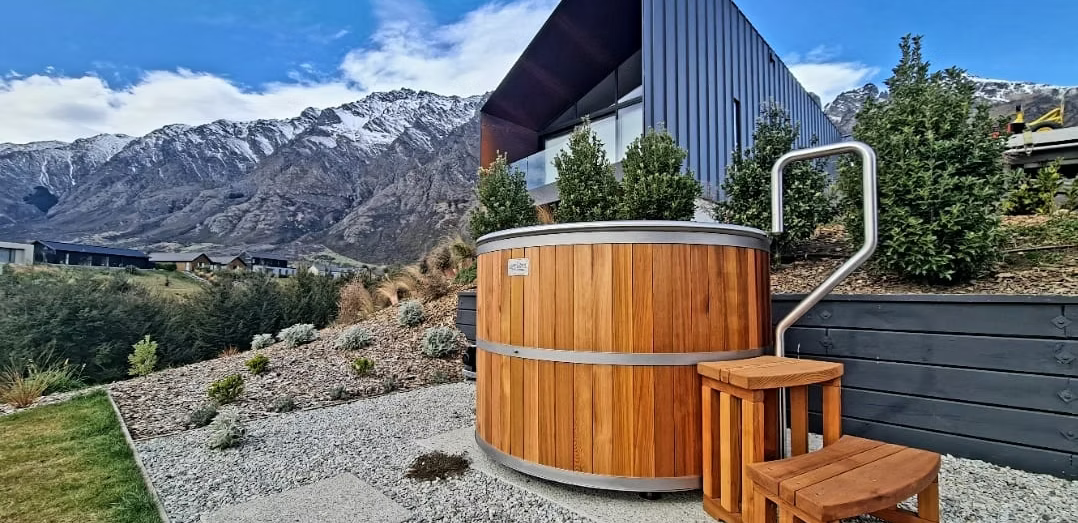 Electric hot tub for with natural wood finish, outdoor spa in backyard