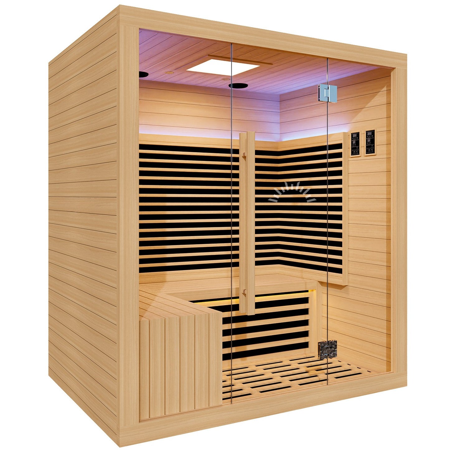 Vantage FAR Infrared Sauna – 3 Person: “Spacious three-person infrared sauna featuring chromotherapy lighting and minimalist glass frontage.