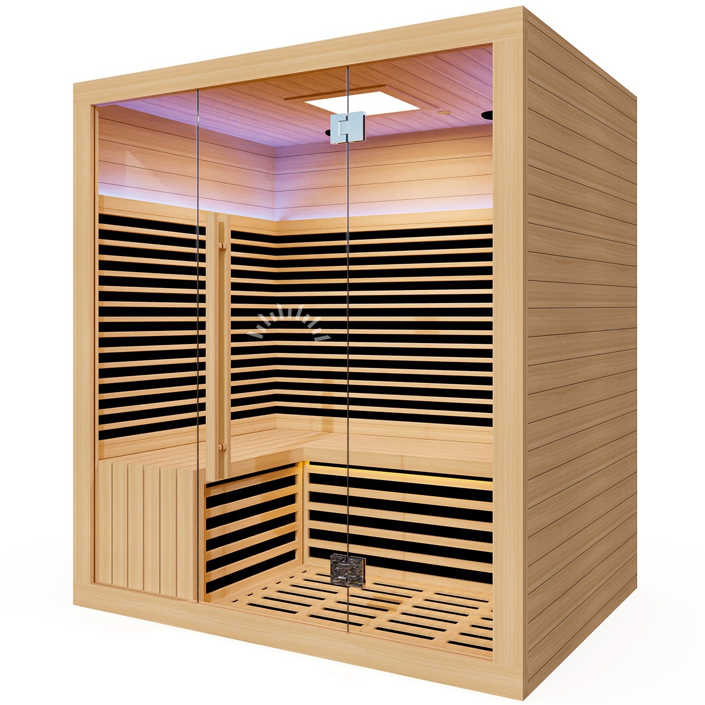Vantage FAR Infrared Sauna – 3 Person: “Spacious three-person infrared sauna featuring chromotherapy lighting and minimalist glass frontage.