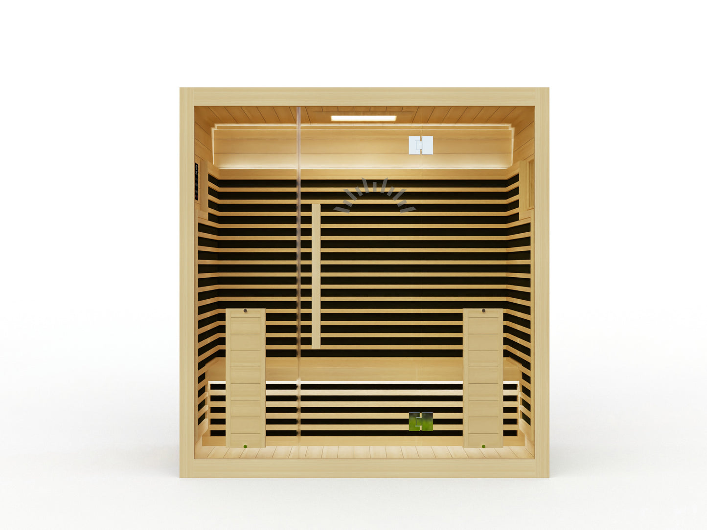 Three-person full spectrum infrared sauna with glass front and timber finish.