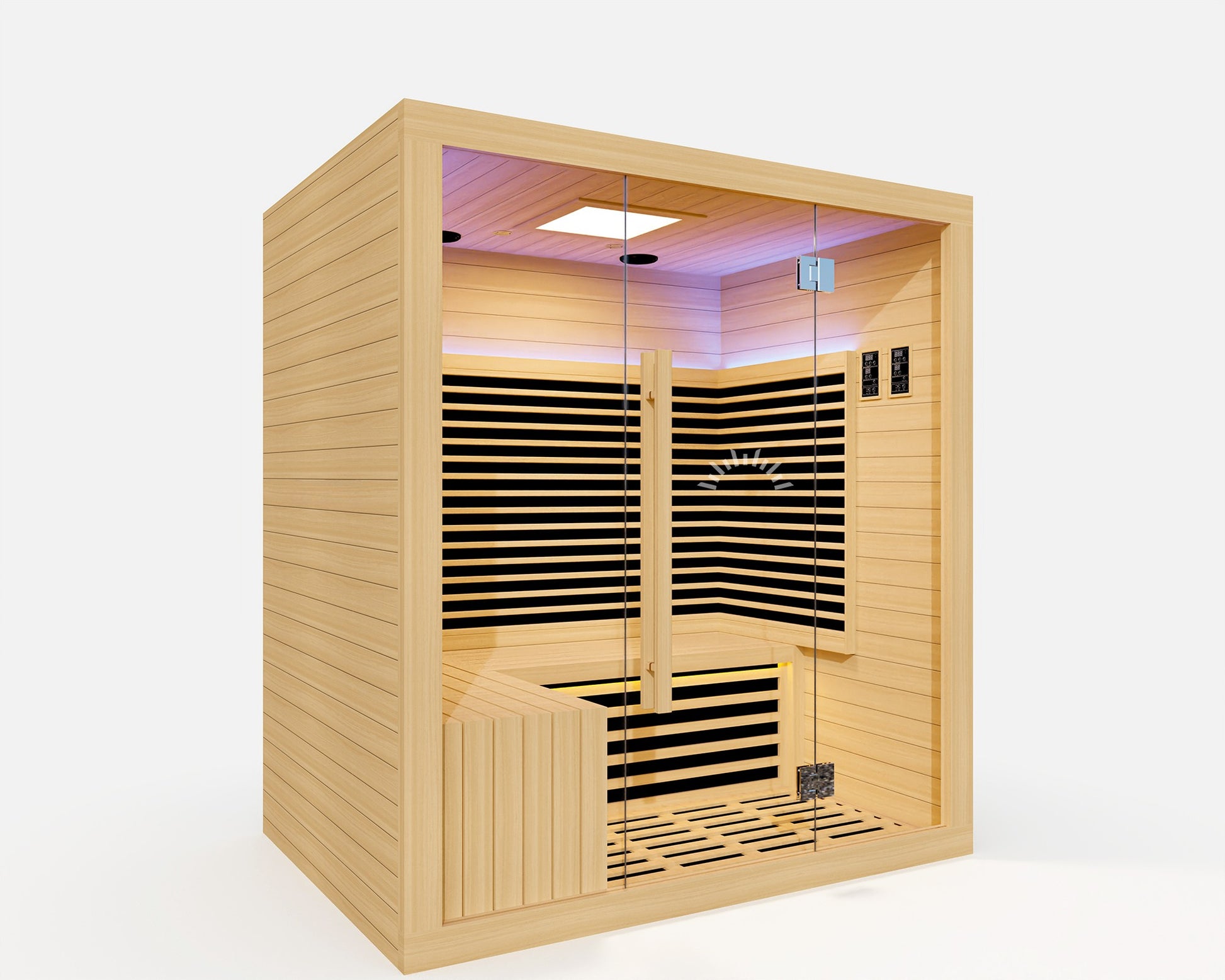Vantage FAR Infrared Sauna – 4 Person: “Luxury four-person infrared sauna built from FSC-certified Canadian Hemlock with integrated Bluetooth audio