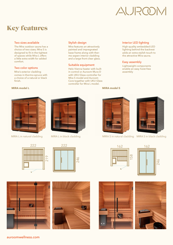 Fact sheet: Mira S Outdoor Sauna – Scandinavian design compact 2 person