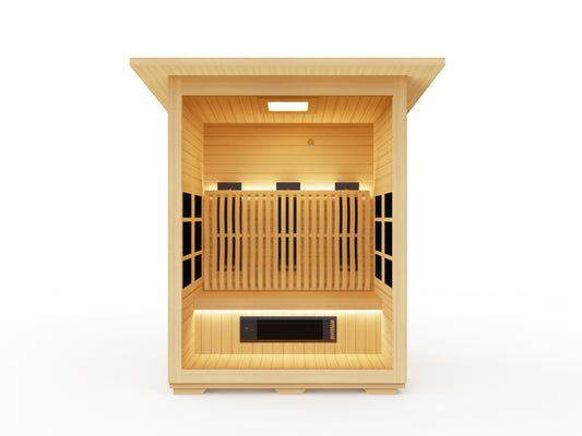 Scandinavian outdoor sauna with timber cladding in modern backyard.