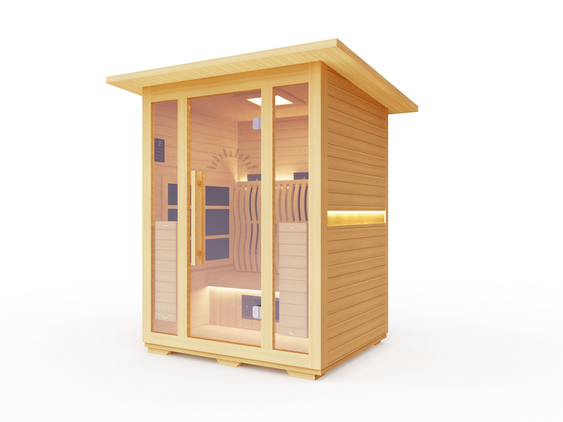 Outdoor wellness retreat featuring compact Scandinavian sauna.