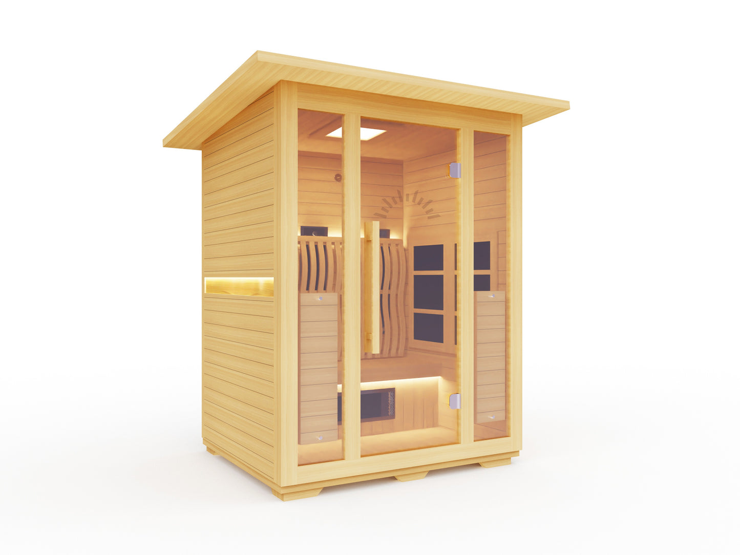 Luxury home sauna with glass front and LED interior lighting