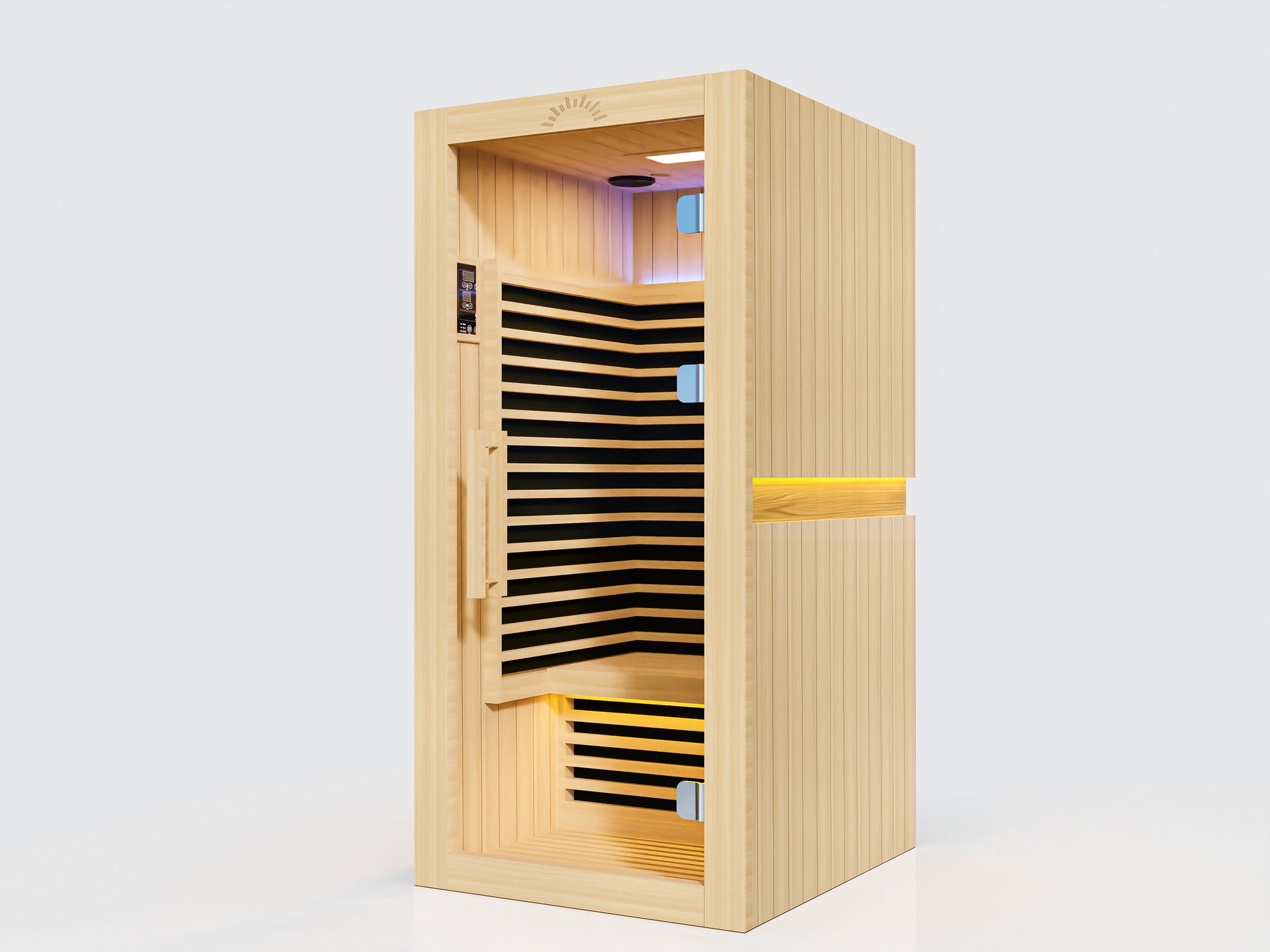 Vantage FAR Infrared Sauna – 1 Person: “Compact one-person infrared sauna crafted from Canadian Hemlock with soft ambient lighting and glass door
