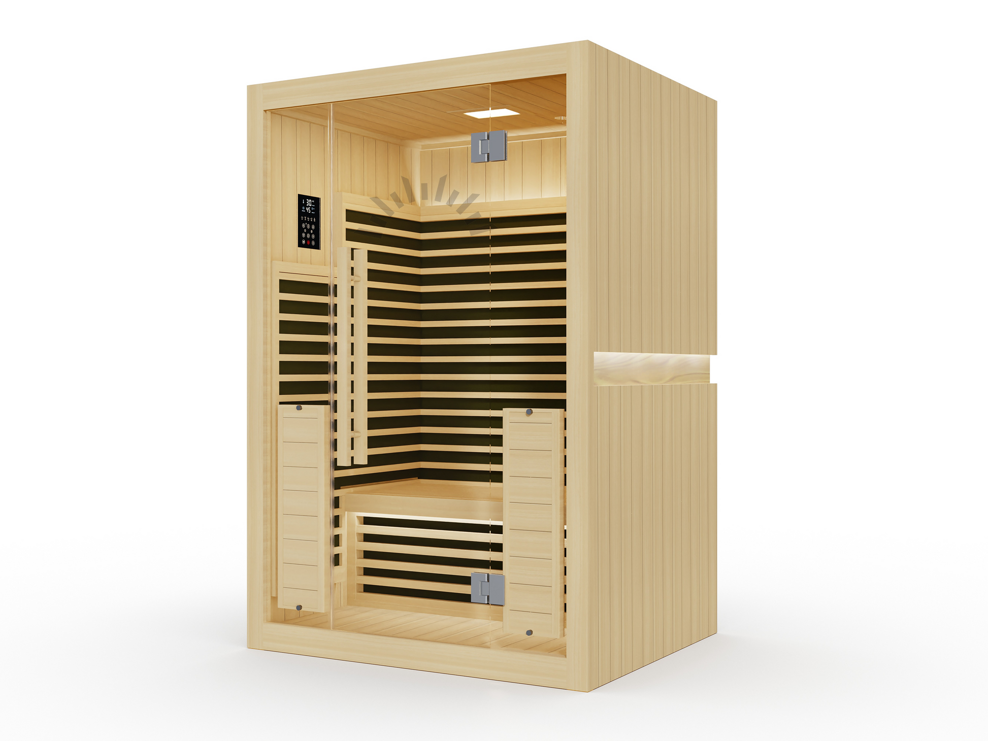 Luxury home infrared sauna with chromotherapy lighting and Bluetooth speakers.