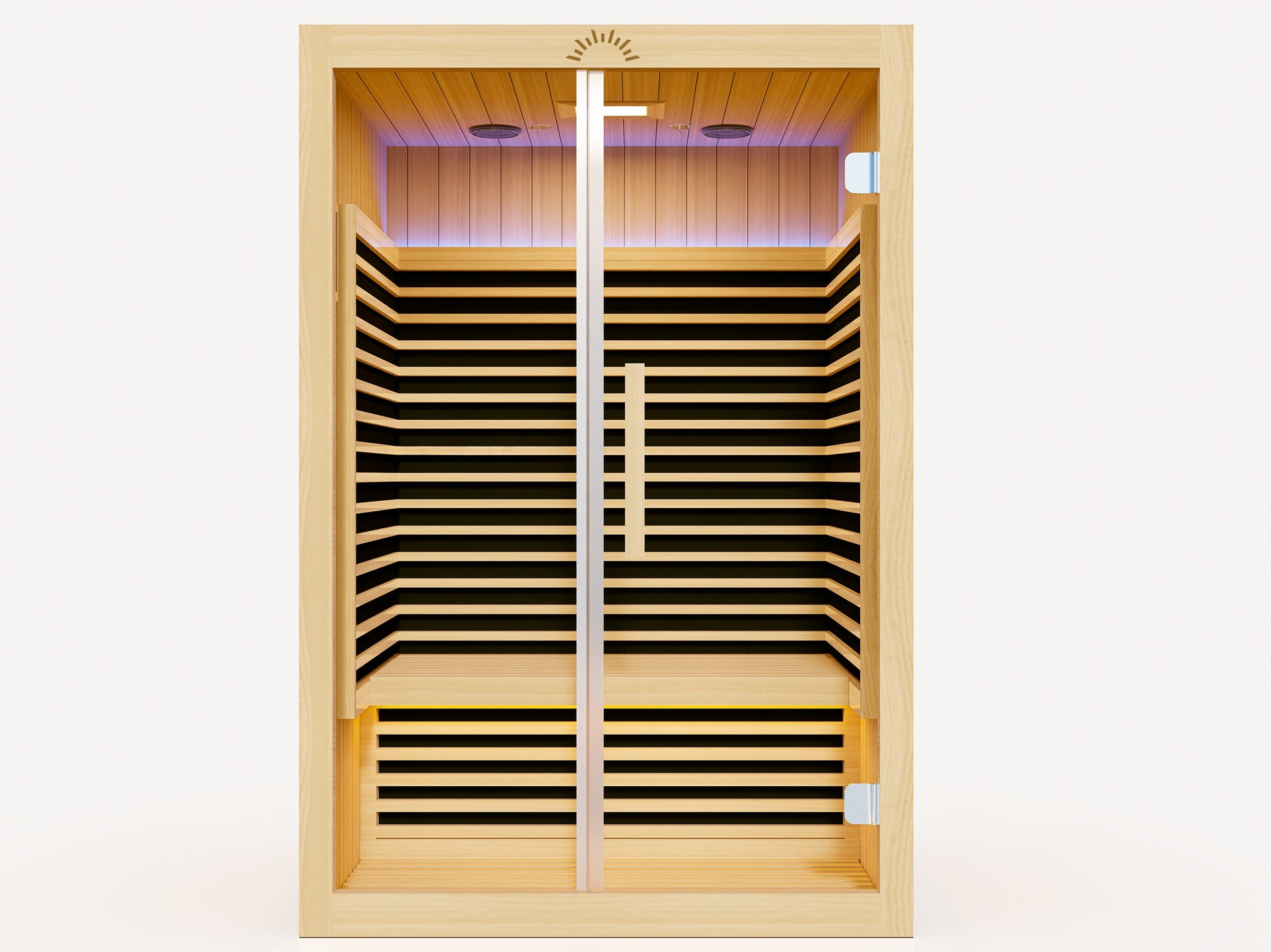 Vantage FAR Infrared Sauna – 2 Person: “Two-person infrared sauna in natural timber with full-spectrum heating panels and modern Scandinavian design.