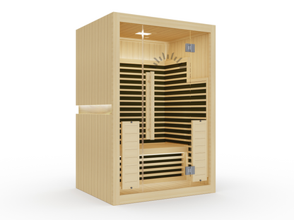 Canadian Hemlock infrared sauna featuring full spectrum carbon and quartz heaters