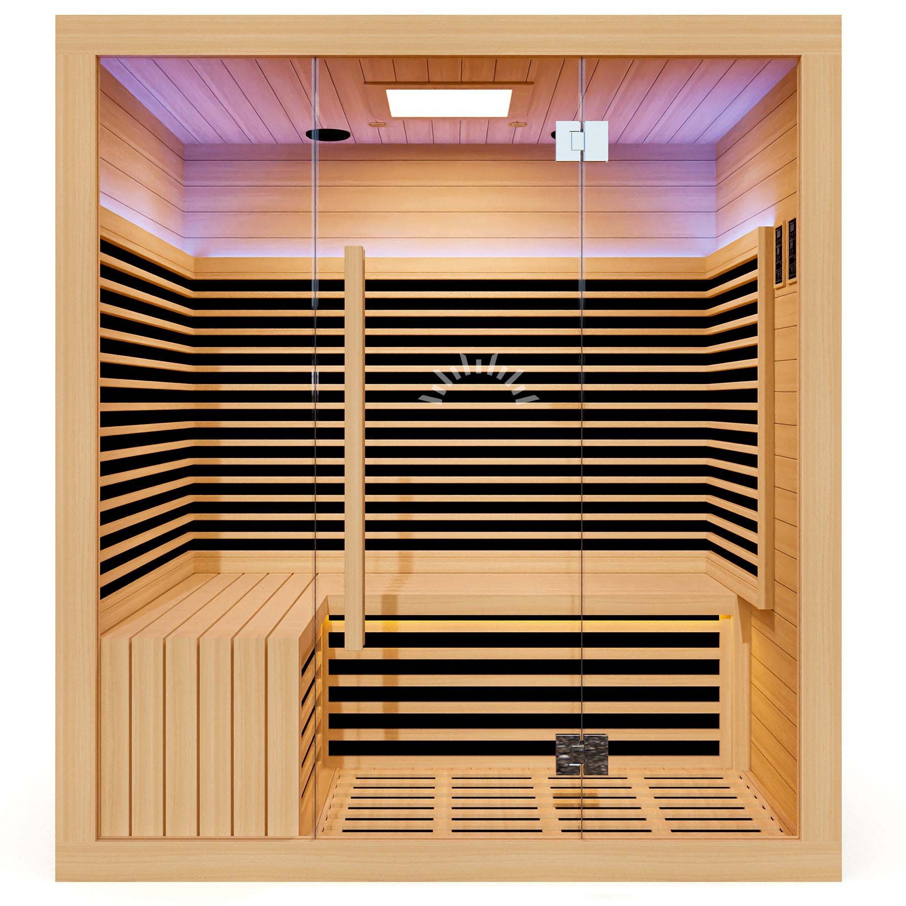 Vantage FAR Infrared Sauna – 3 Person: “Spacious three-person infrared sauna featuring chromotherapy lighting and minimalist glass frontage.