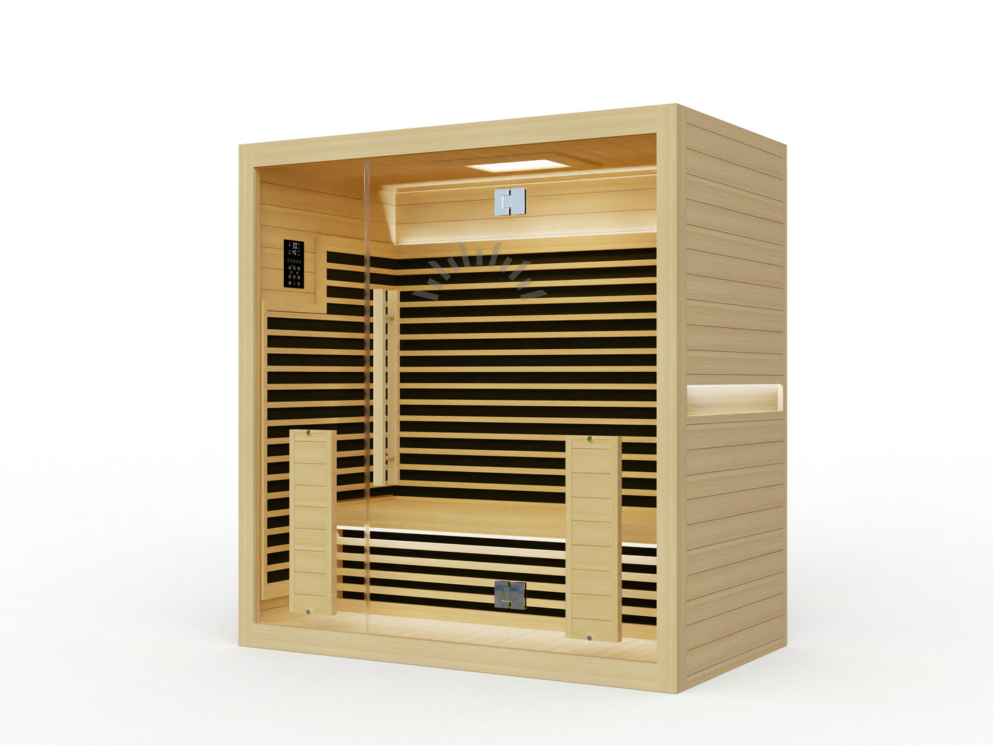 Luxury home infrared sauna with chromotherapy lighting and Bluetooth speakers.