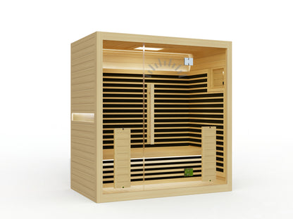 Canadian Hemlock infrared sauna featuring full spectrum carbon and quartz heaters.
