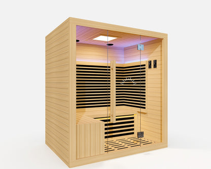 Vantage FAR Infrared Sauna – 4 Person: “Luxury four-person infrared sauna built from FSC-certified Canadian Hemlock with integrated Bluetooth audio