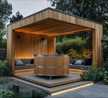 Electric hot & cold tub with natural wood finish, outdoor spa in backyard