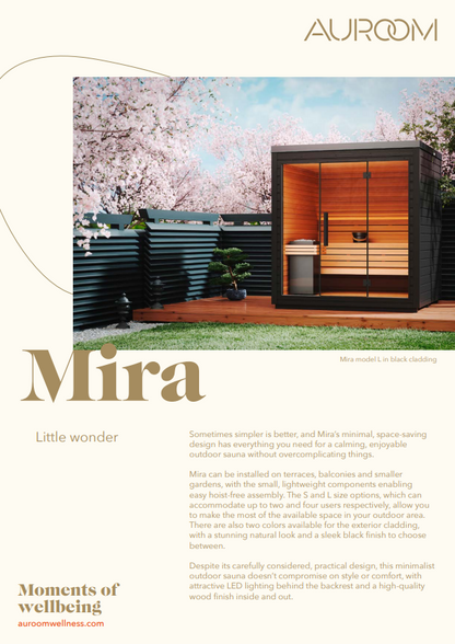 Fact sheet: Mira L Outdoor Sauna – Scandinavian 4 person sauna with glass front