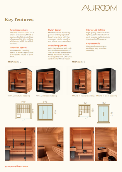 Fact sheet: Mira L Outdoor Sauna – Scandinavian 4 person sauna with glass front