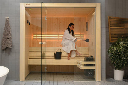 Spacious Hanko  sauna interior with smooth aspen benches and soft ambient LED lighting