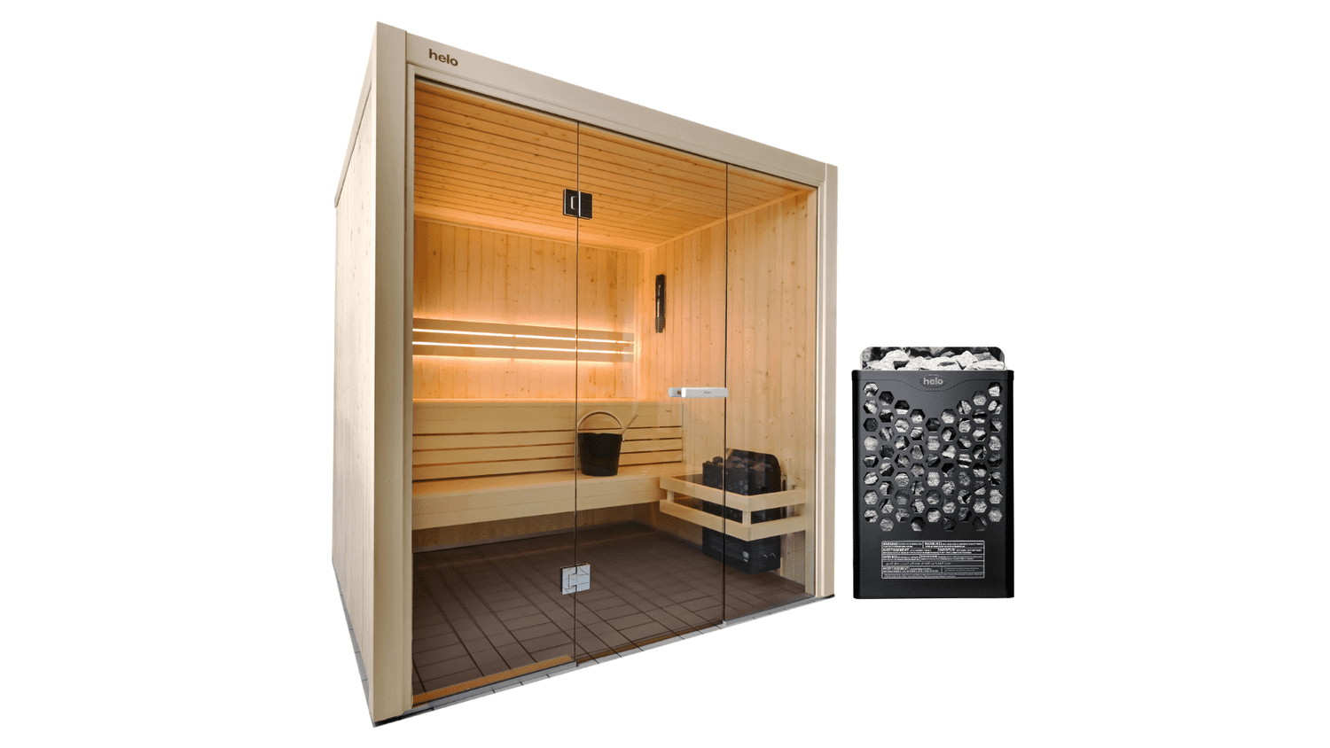 Hanko sauna room with full glass front and natural spruce timber exterior in a modern wellness space