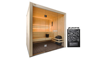 Hanko sauna room with full glass front and natural spruce timber exterior in a modern wellness space