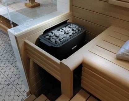The Helo Vienna 80 STS Sauna Heater in Black is designed for modern homes, suited for 3–12 m³ rooms. 
