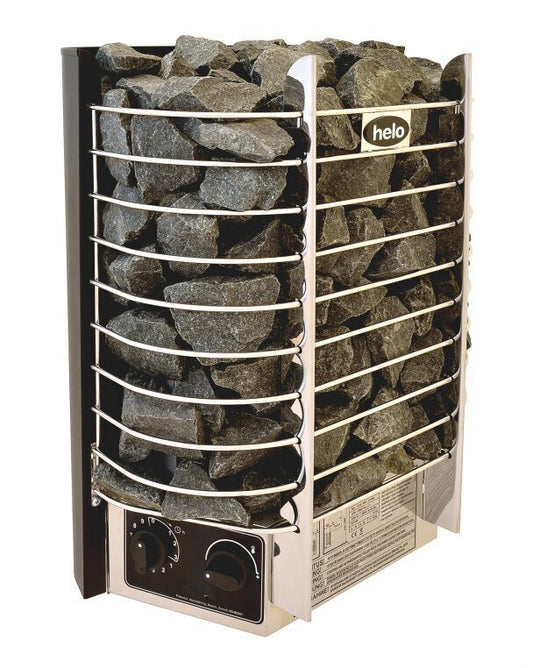 The Helo Ring Wall II 45 STJ Sauna Heater in Chrome delivers soft steam in a compact wall-mounted design. Contemporary style, space-saving format. 