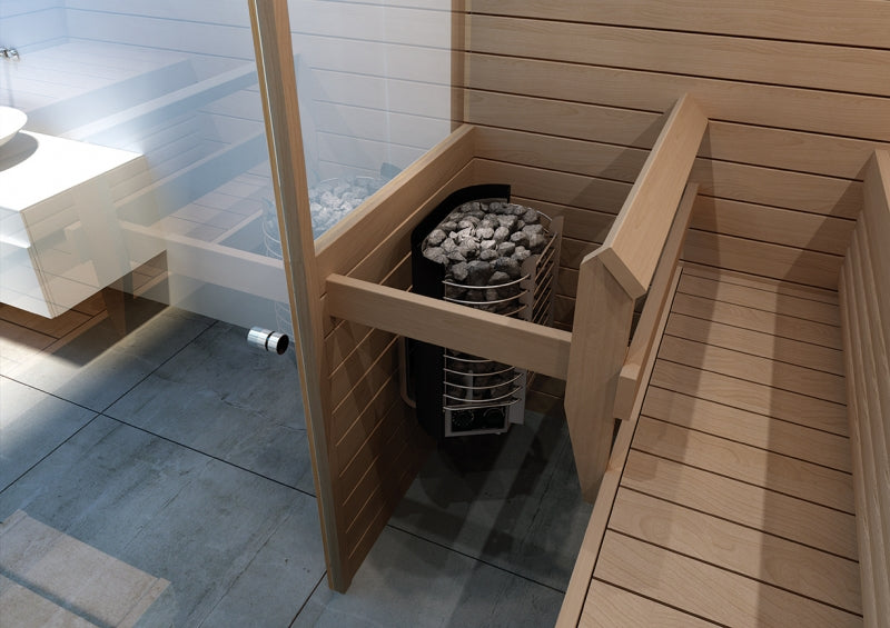 The Helo Ring Wall II 45 STJ Sauna Heater in Chrome delivers soft steam in a compact wall-mounted design. Contemporary style, space-saving format. 