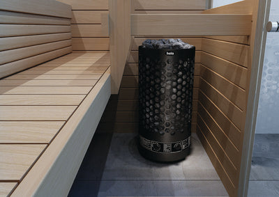 The Helo Ringo Black 60 STJ BWT Sauna Heater is designed for family saunas, suited for 5–9 m³ rooms. 70 kg stone capacity, fast heating, built-in timer and thermostat.