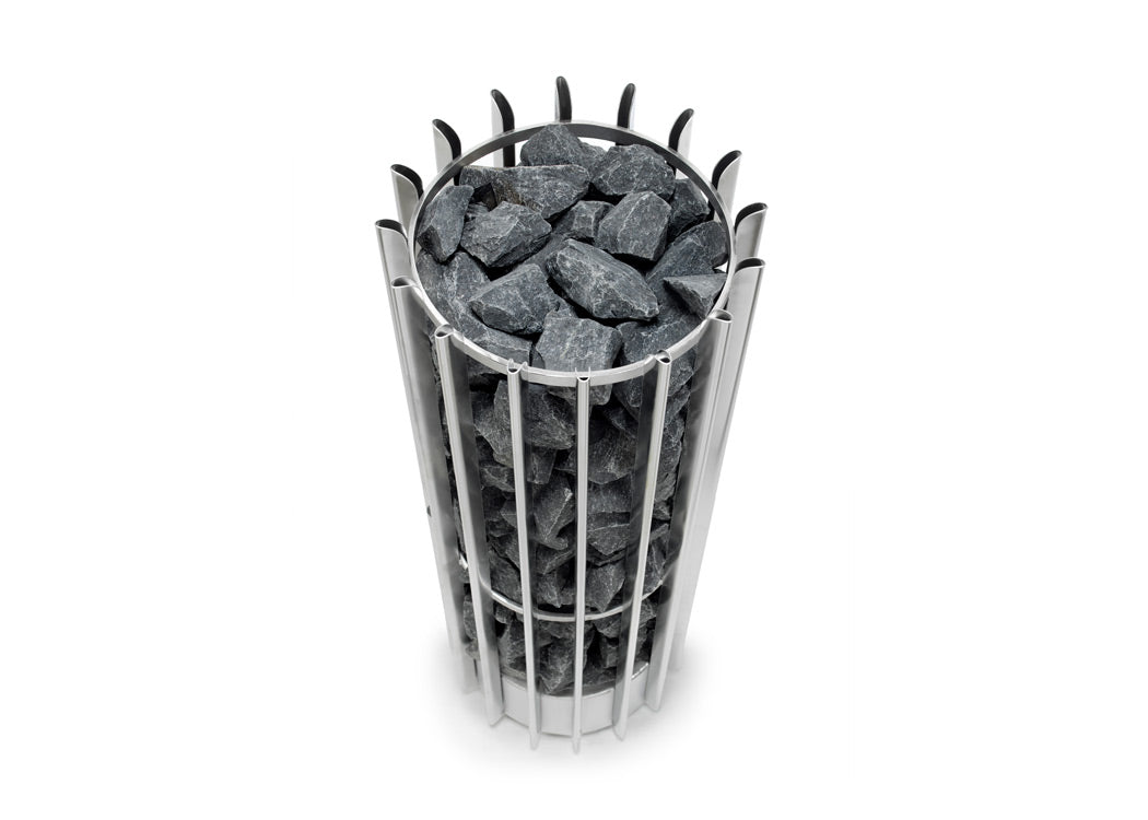 The Helo Rocher 105 Elite Sauna Heater features a sculptural round design with 100 kg stone capacity for soft, drop-like steam. Includes Elite controller. 