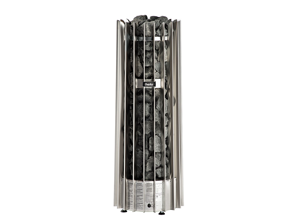 The Helo Rocher 70 Elite Sauna Heater features a sculptural round design with 100 kg stone capacity for soft, drop-like steam. Includes Elite controller.