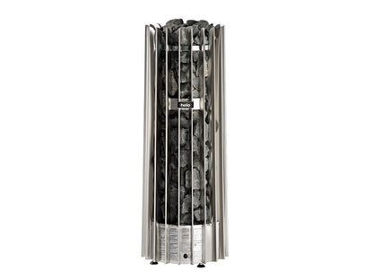 The Helo Rocher 70 Elite Sauna Heater features a sculptural round design with 100 kg stone capacity for soft, drop-like steam. Includes Elite controller.